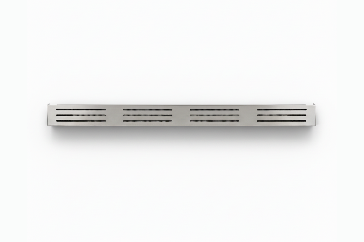 Custom stainless steel bottom ventilation grille for a refrigerator trim kit