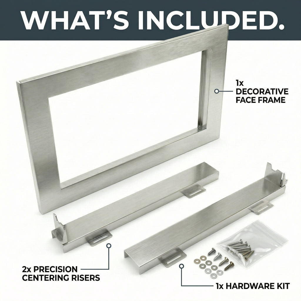 Stainless steel decorative face frame with centering risers and hardware kit on a white background