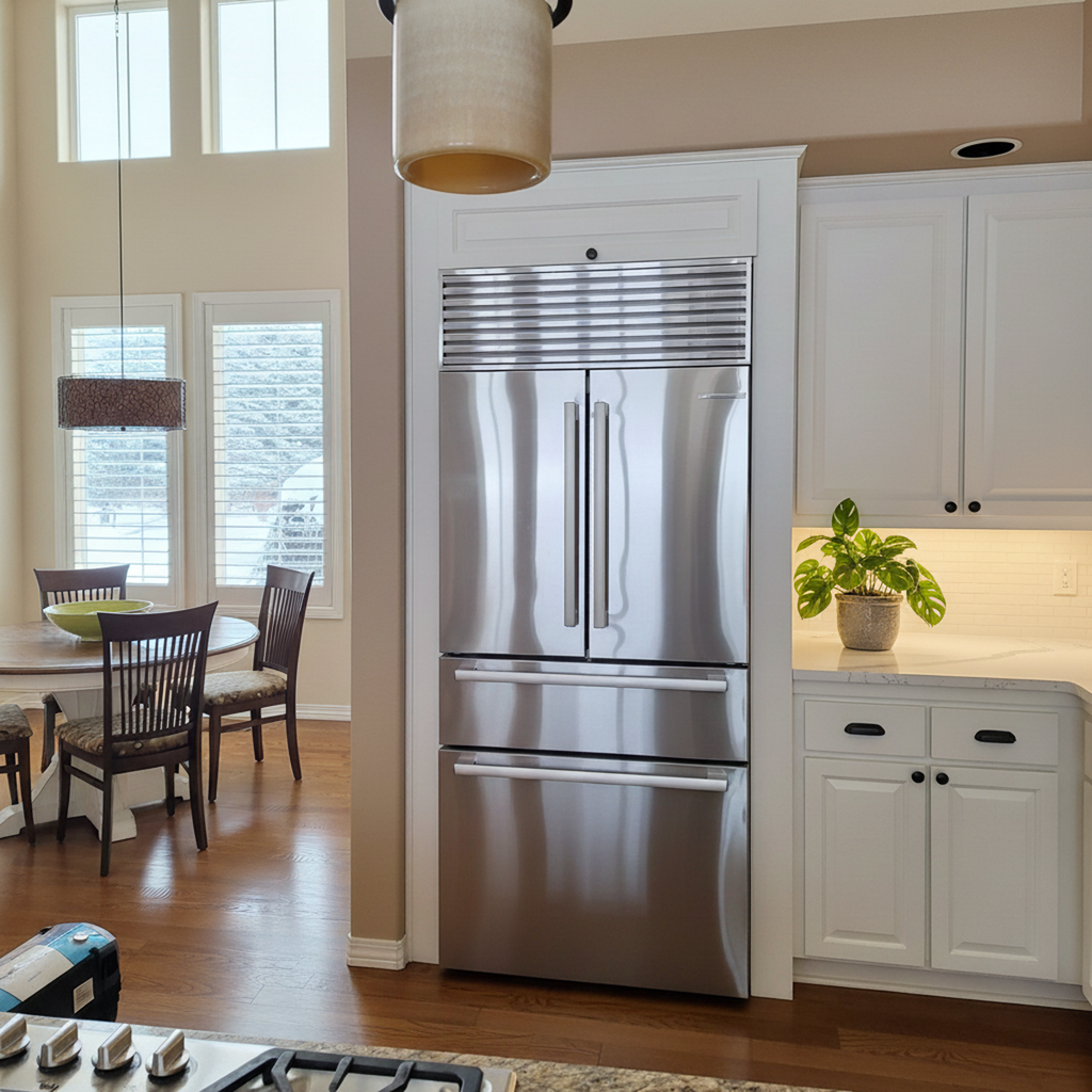 Kitchen setting with an Appliance Trim Kit perfectly fitted around a Fisher & Paykel French Door fridge