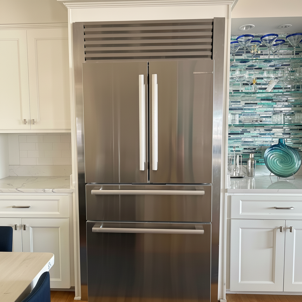 Modern kitchen highlighting a Bosch refrigerator with a custom-fitted stainless steel trim kit for a perfect built-in look