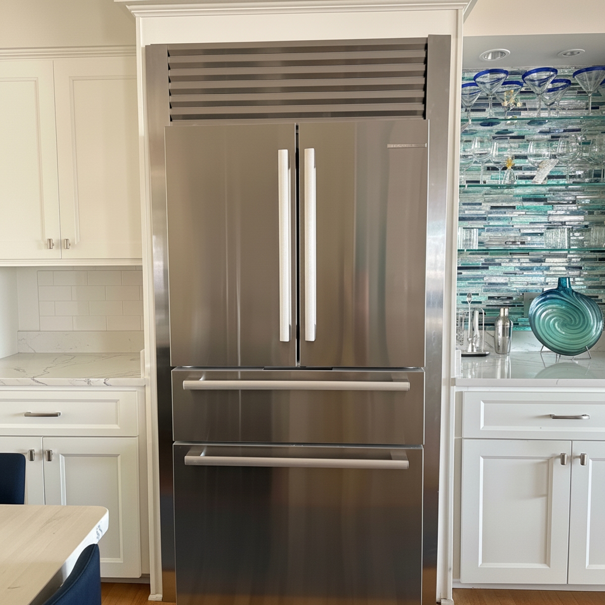 Modern kitchen highlighting a Bosch refrigerator with a custom-fitted stainless steel trim kit for a perfect built-in look