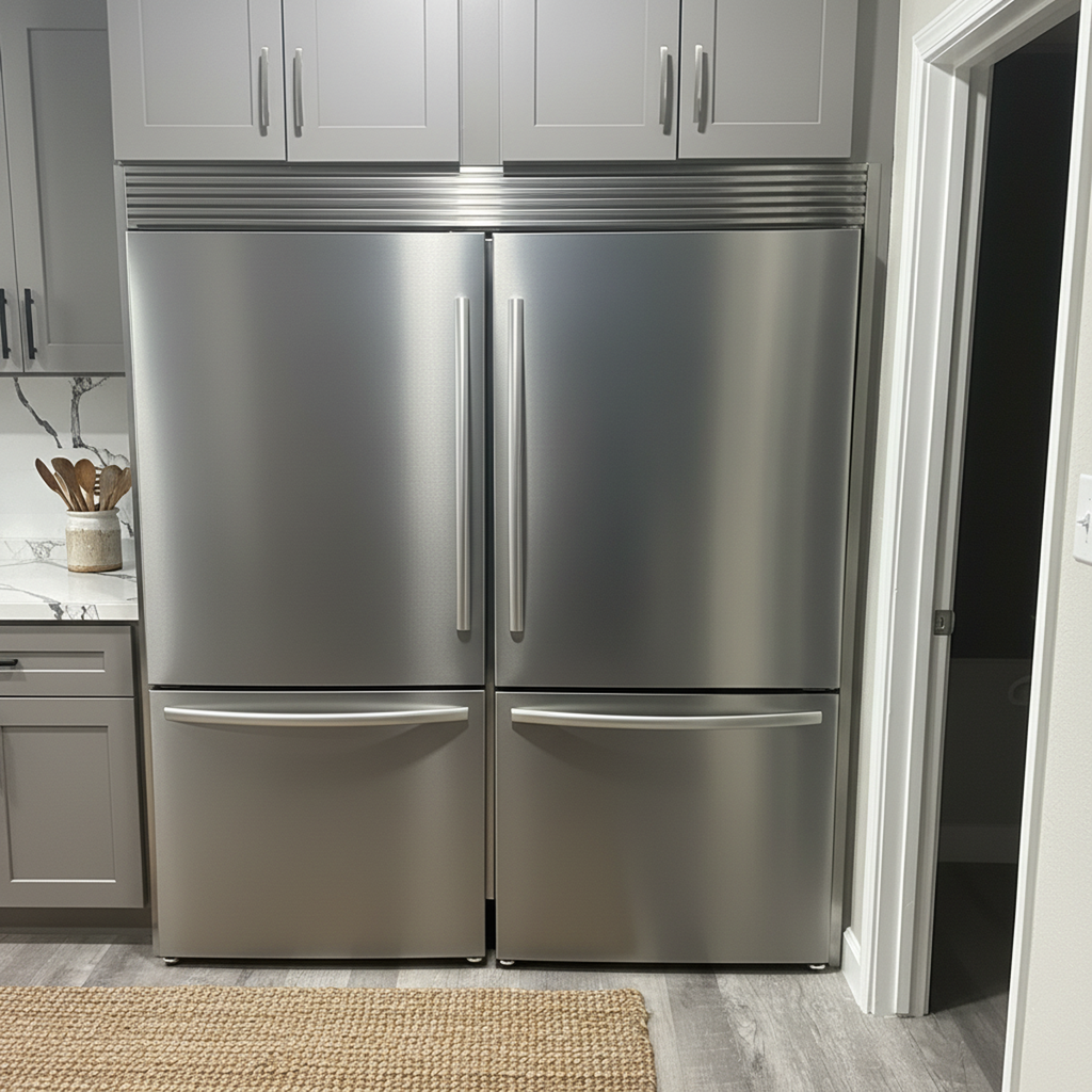 Stainless Steel Dual Bottom Freezer Refrigerator with a custom Appliance Trim Kit fitted for a seamless finish