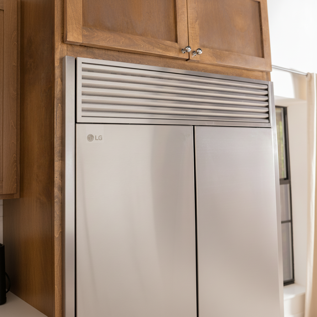 Close-up view of an LG Refrigerator with a precision-fit Appliance Trim Kit installed