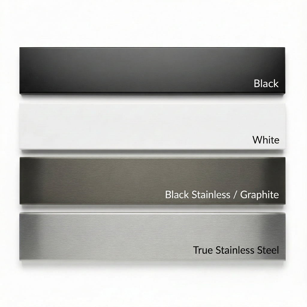 Custom microwave trim kit finish options: Black, White, Black Stainless Graphite, and True Stainless Steel