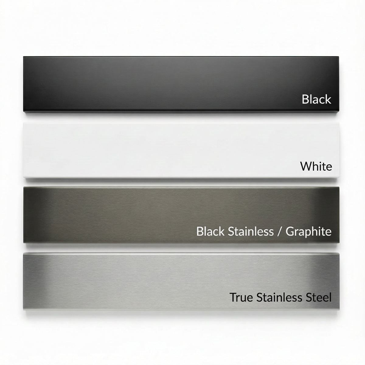 Custom microwave trim kit finish options: Black, White, Black Stainless Graphite, and True Stainless Steel