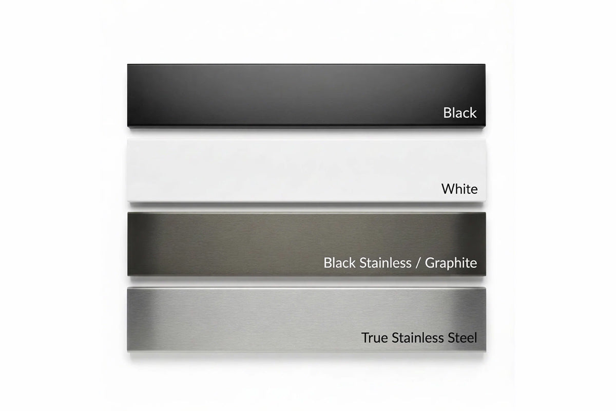 Custom microwave trim kit finish options: Black, White, Black Stainless Graphite, and True Stainless Steel