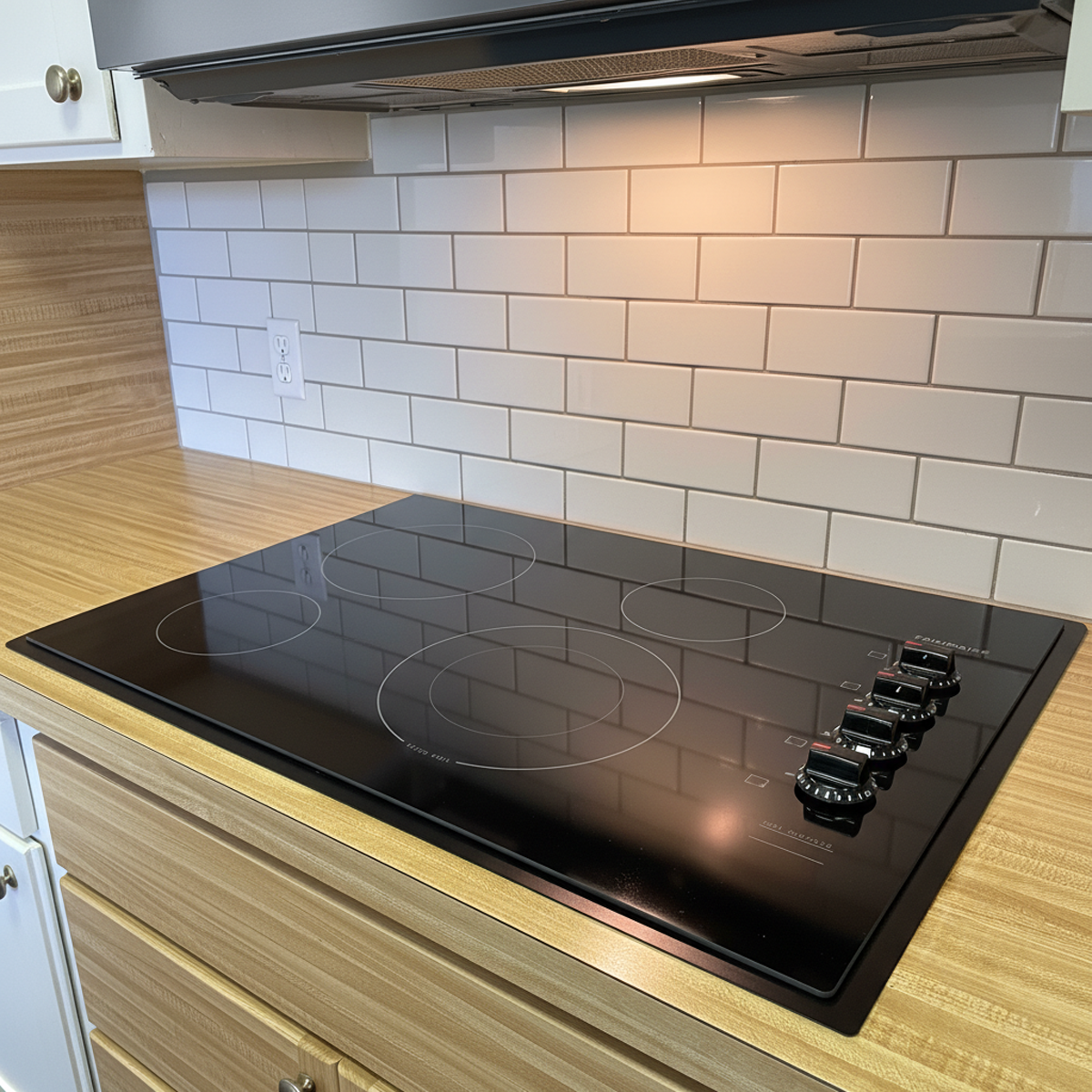 Electric induction cooktop on a wood-grain countertop with a custom black trim kit for a professional built-in finish