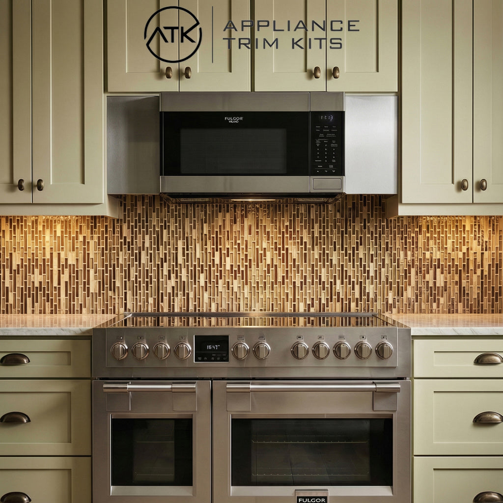 modern kitchen featuring a Fulor Milano microwave with custom-fit Appliance Trim Kits stainless steel over-the-range filler panels