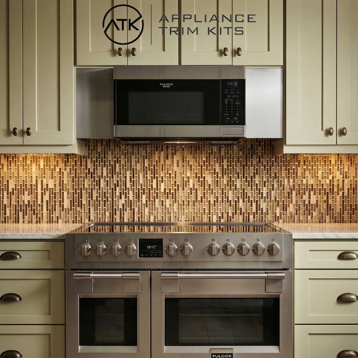 modern kitchen featuring a Fulor Milano microwave with custom-fit Appliance Trim Kits stainless steel over-the-range filler panels