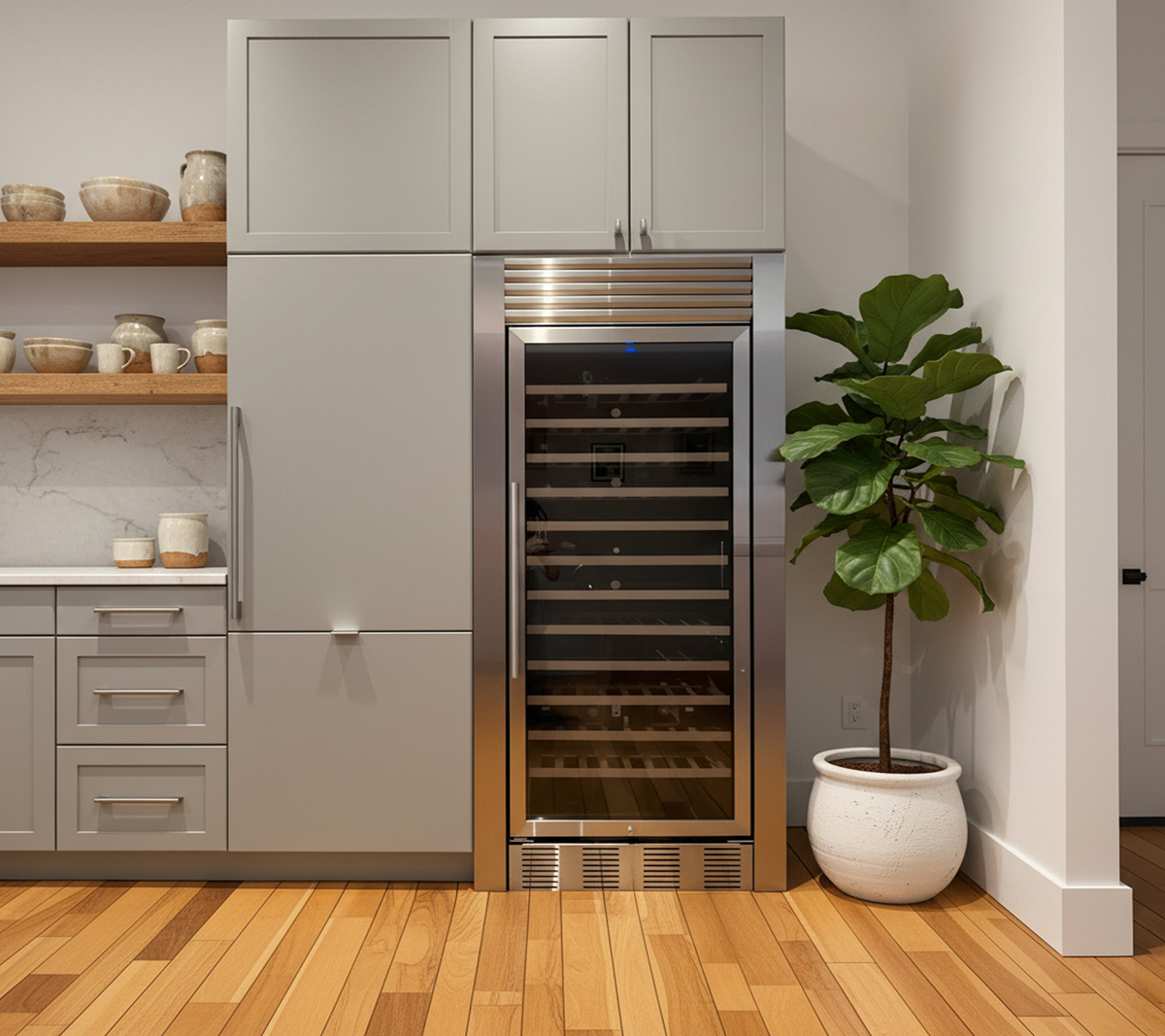 Stainless steel wine fridge with a custom Appliance Trim Kit installed for a seamless under-counter built-in look