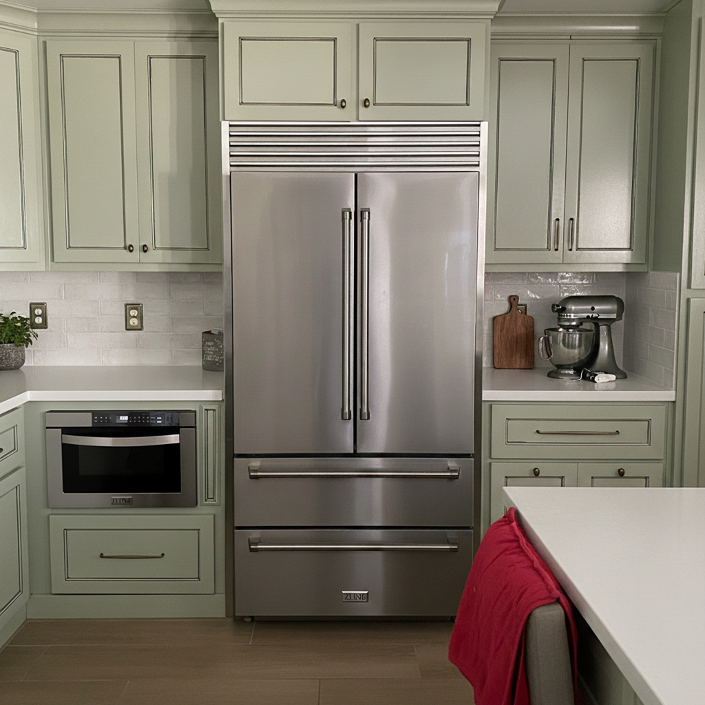 Kitchen showcasing an Appliance Trim Kit fitted around a Thor Kitchen Refrigerator for sleek built-in finish