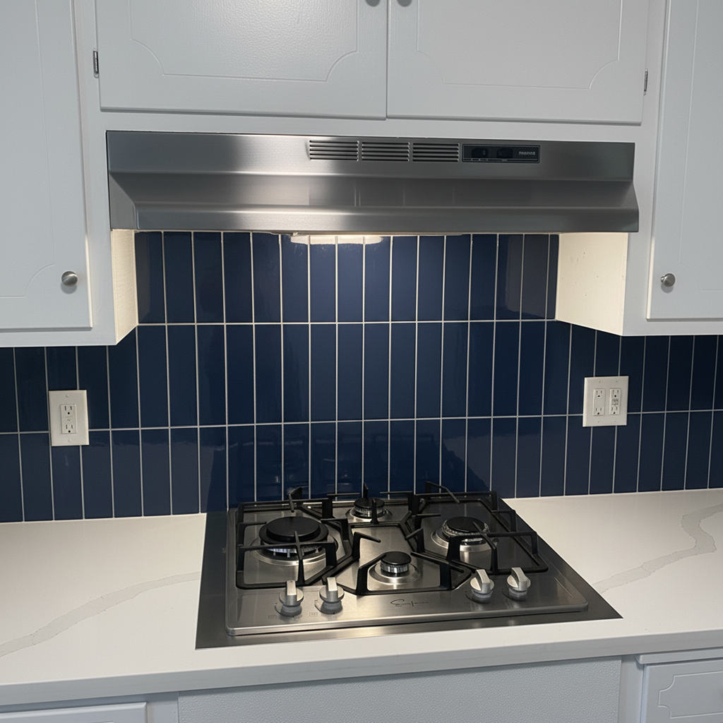 Full kitchen view of a gas stove with a custom-made trim kit providing a clean transition to a white countertop