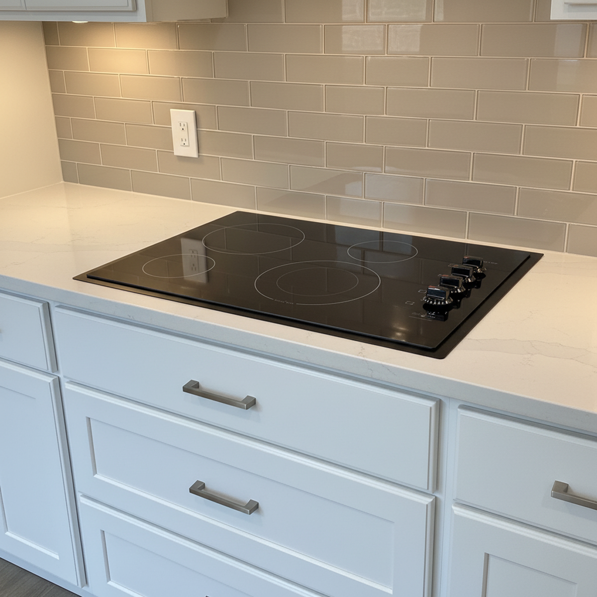Electric stovetop with a custom matte black trim kit installed in a modern kitchen with cream subway tiles