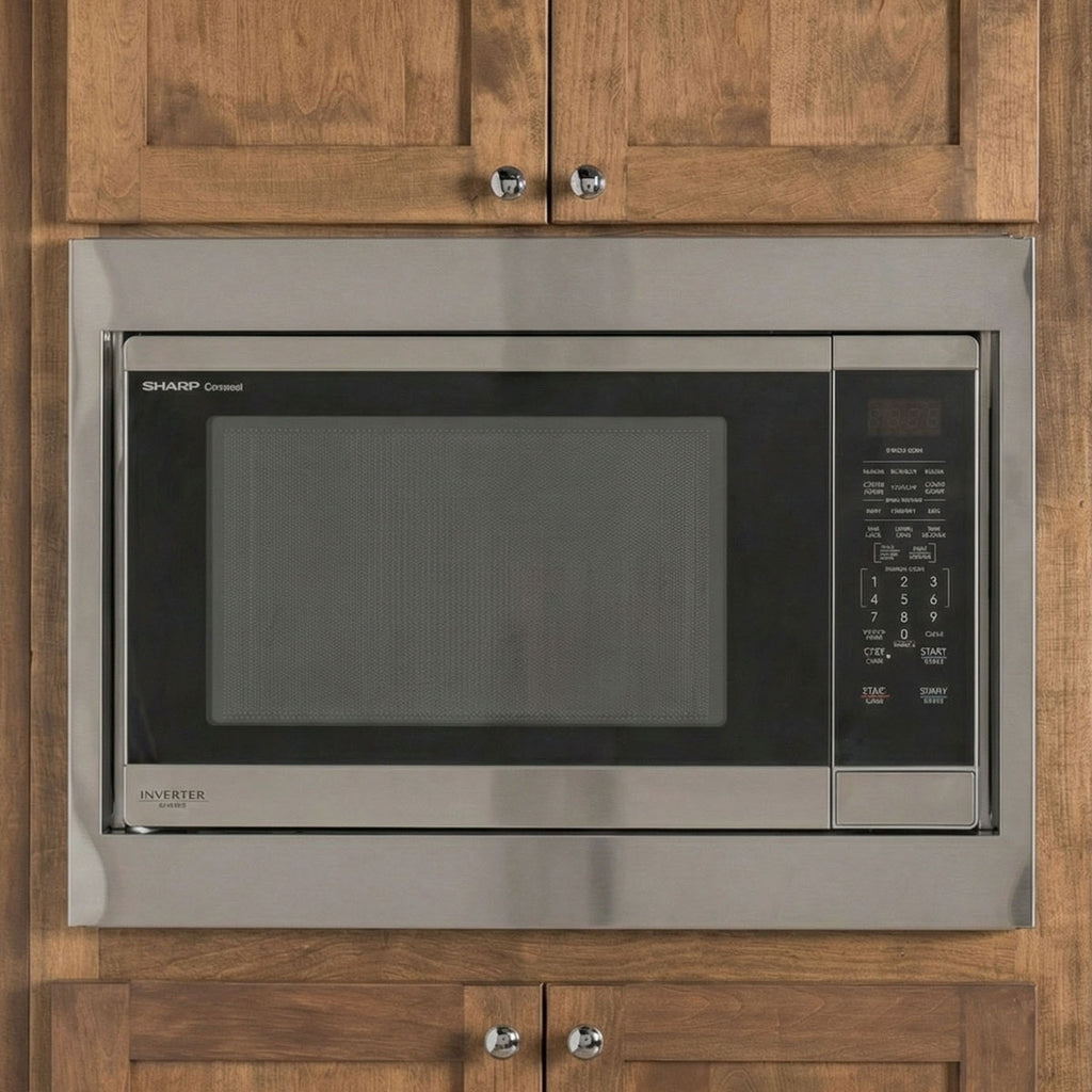 Custom brushed stainless steel trim kit for Sharp Carousel microwave providing a precision built-in look in wood cabinetry