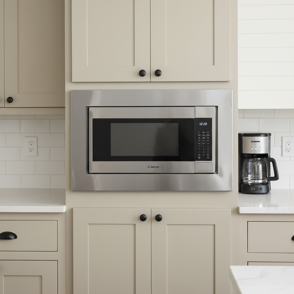 Custom stainless steel BOSCH microwave trim kit for a seamless built-in look